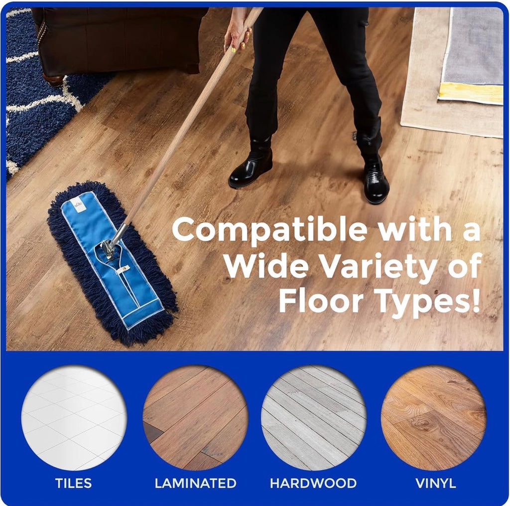 24" Premium Nylon Dust Mop with Wood Handle - Heavy Duty Mop Head for Industrial, Commercial, and Residential Cleaning - Dry Floor Duster for Hardwood Surfaces and Commercial - Blue