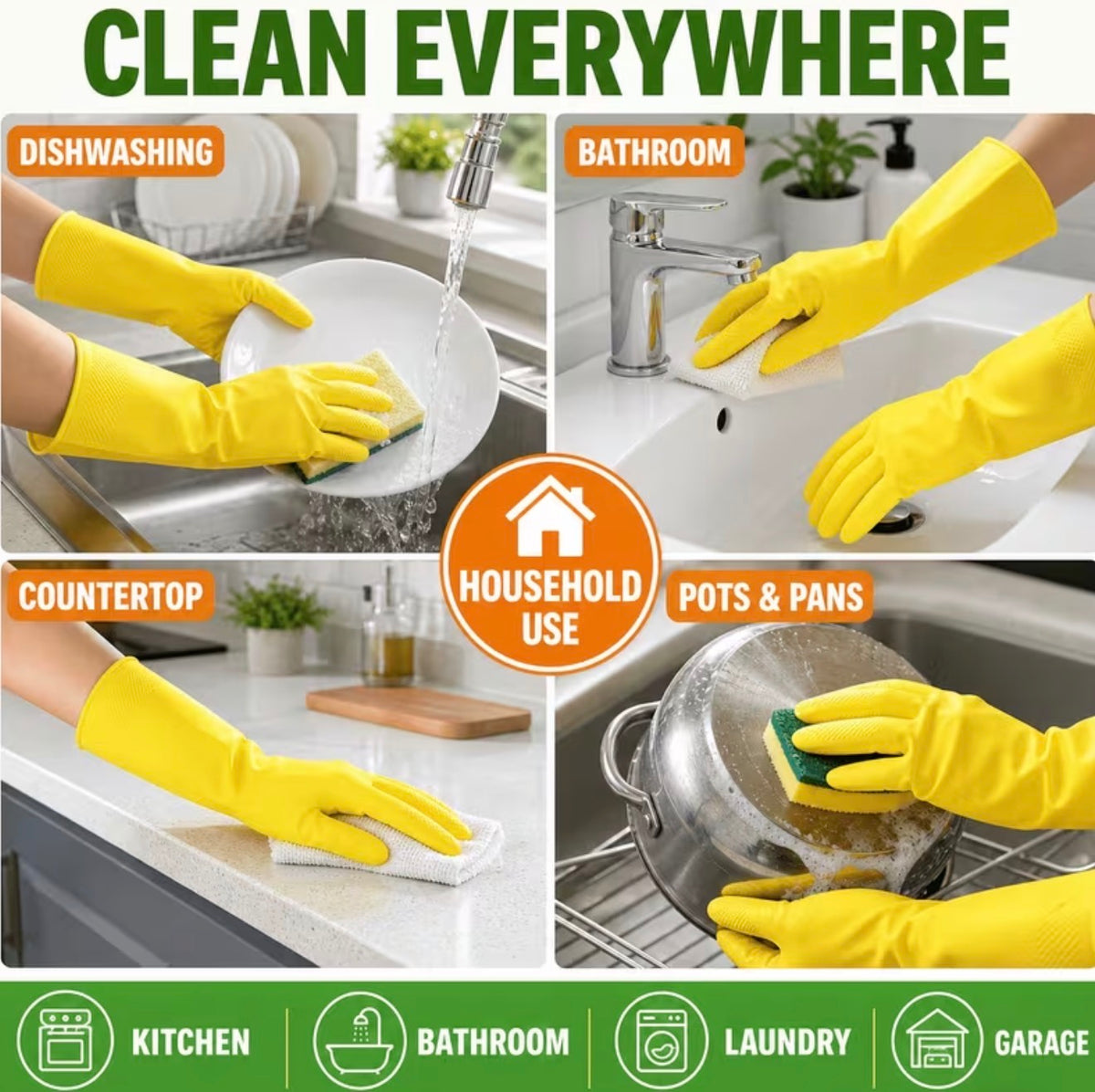 16pcs Heavy-Duty Dishwashing Gloves, Reusable Non-Slip Waterproof Cleaning Gloves for Kitchen, Bathroom, Dishwashing & Household Surface Cleaning, Flexible and Durable