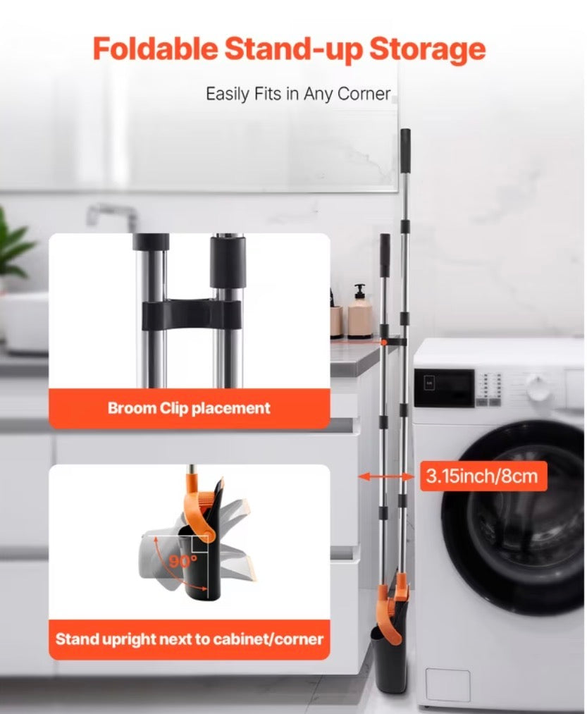 VEVOR Broom and Dustpan Set, Heavy Duty Dustpan and Broom Combo with Self-Cleaning Teeth, Metal Upright Standing Dust Pan with Long Handle, Ideal for Home, Restaurant, Office, Dorm, Black+Orange