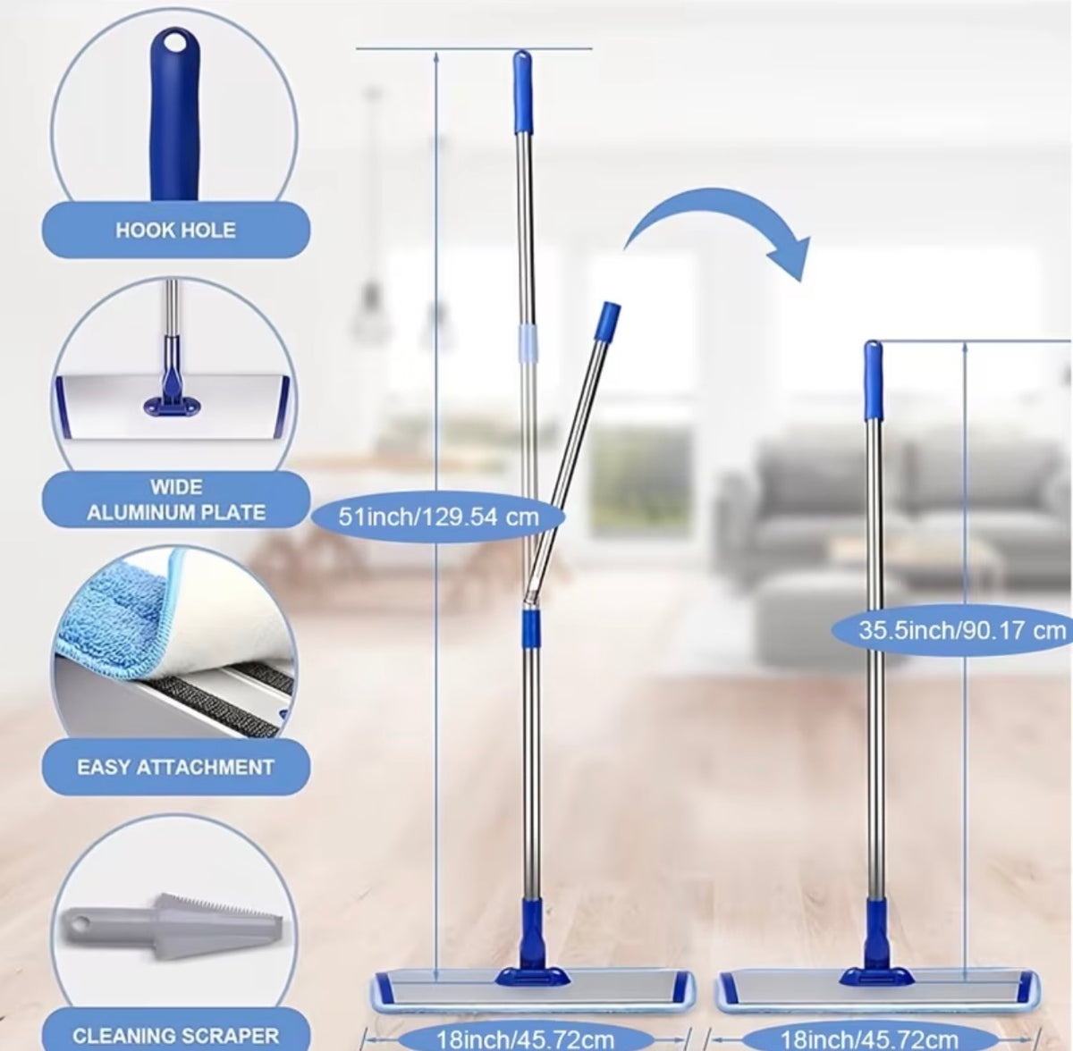 18" Professional Microfiber Flat Mop Cleaning System Stainless Steel 2 Reusable Washable Mop Pads for Hardwood Easy Swivel
