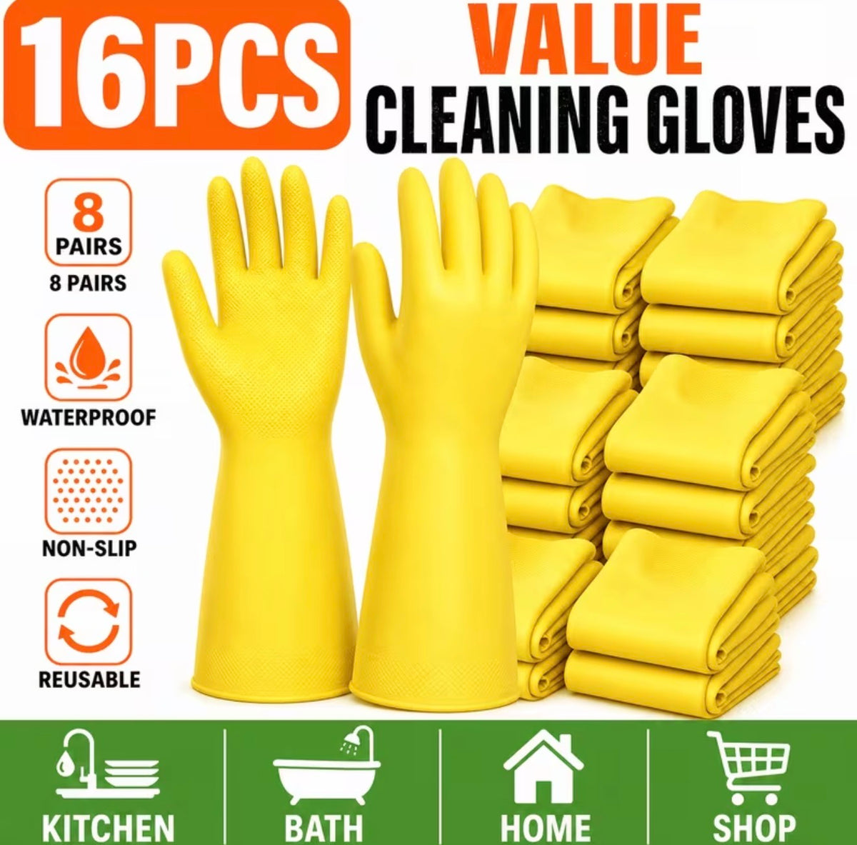 16pcs Heavy-Duty Dishwashing Gloves, Reusable Non-Slip Waterproof Cleaning Gloves for Kitchen, Bathroom, Dishwashing & Household Surface Cleaning, Flexible and Durable