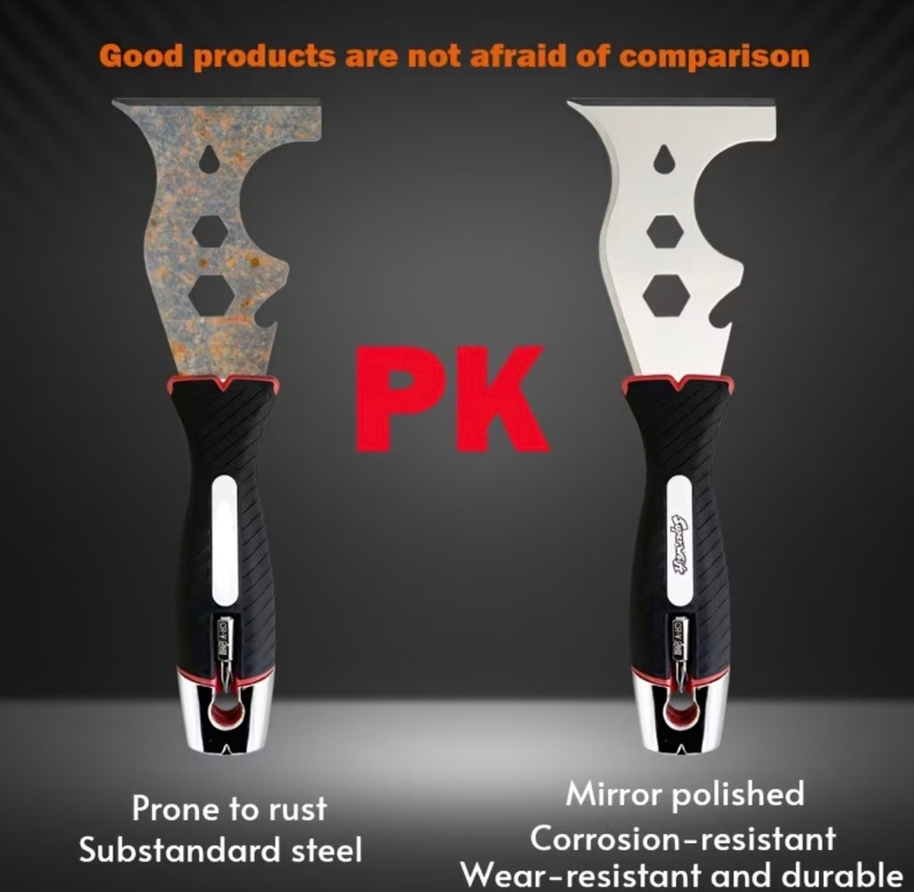 Superwolft Putty Knife, Paint Scraper 14 in 1 Spatula, Multifunctional, Stainless Steel Metal Scraper, Spackle Knife with Hammer End, Razor Blade Paint Scraper, Gum Scraper
