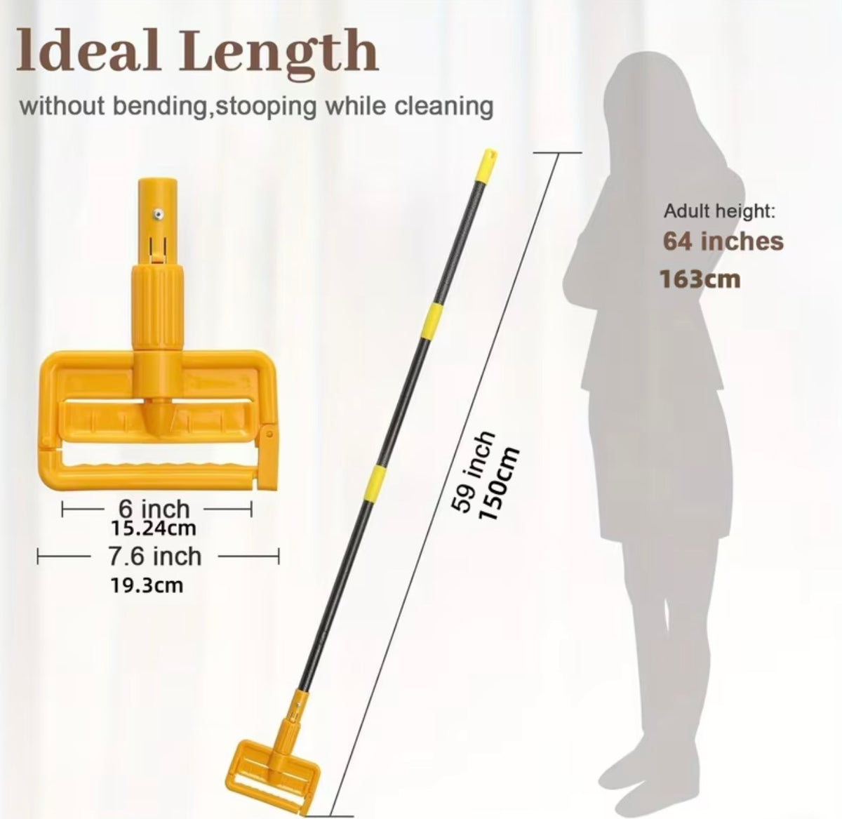 YEYEBEST Mop Handle Commercial Heavy Duty - 60 Inch Metal Commercial Mop Stick, Side Gate Mop Head Replacement Holder for Floor Cleaning, Clamp Mop Handle Quick Change for Wet Mop