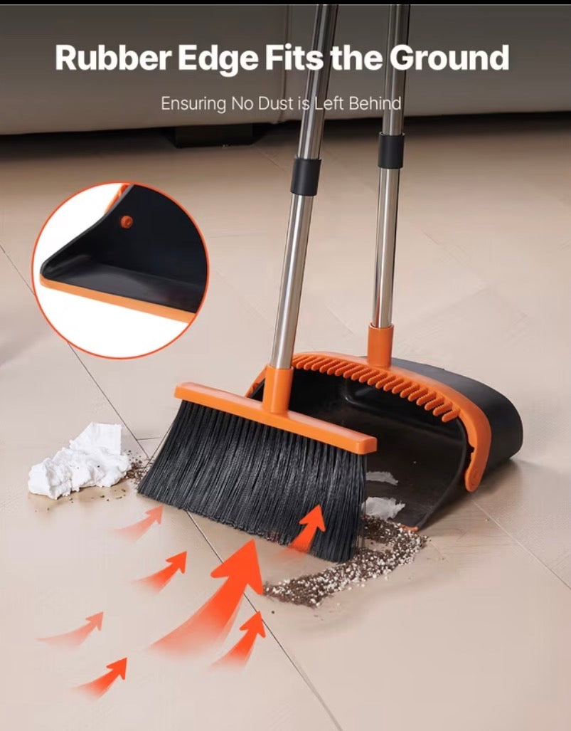 VEVOR Broom and Dustpan Set, Heavy Duty Dustpan and Broom Combo with Self-Cleaning Teeth, Metal Upright Standing Dust Pan with Long Handle, Ideal for Home, Restaurant, Office, Dorm, Black+Orange