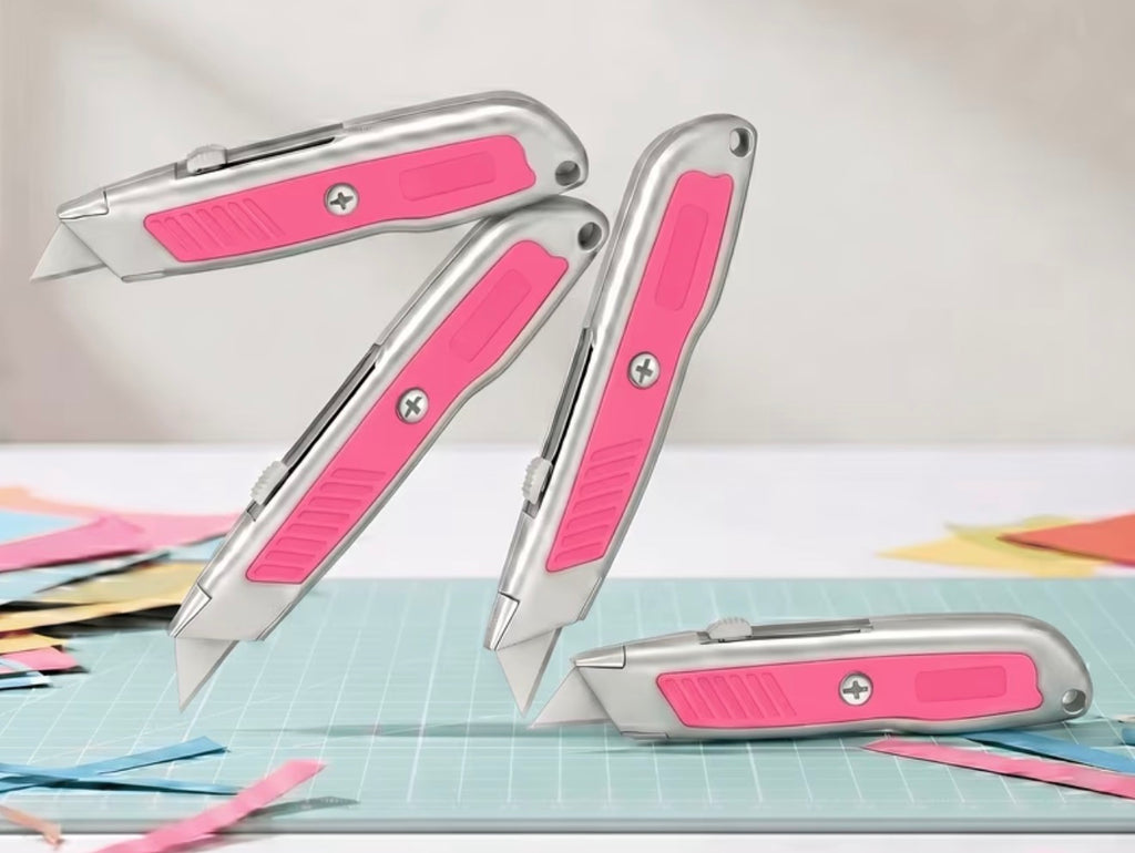 1 Utility Retractable Box Cutter with Aluminum Metal Body, 3-Position Adjustable Blade, Comfortable Anti-Slip Grip for Crafts, Packages, Paper, Boxes & Cartons(Pink)