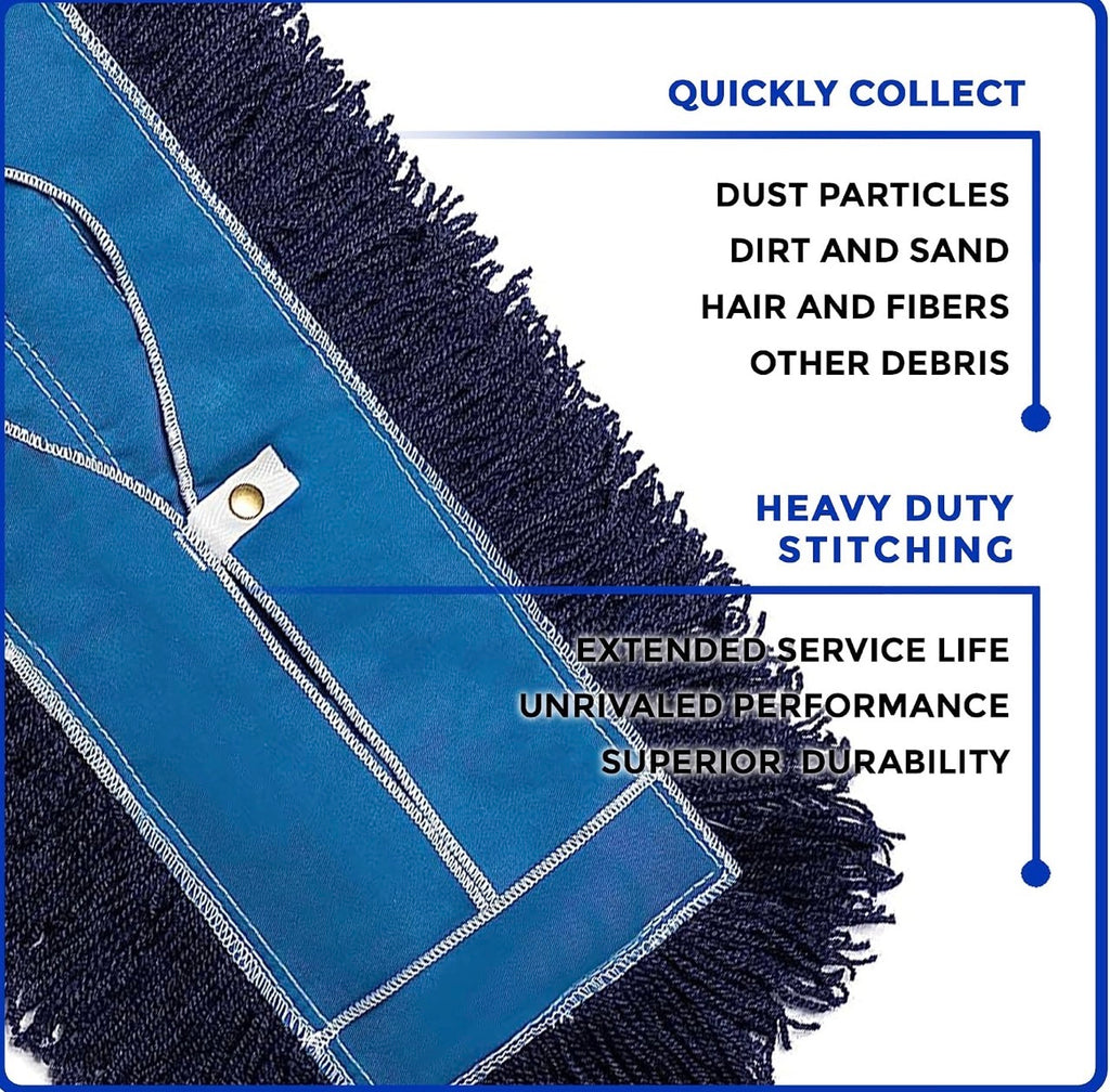 24" Premium Nylon Dust Mop with Wood Handle - Heavy Duty Mop Head for Industrial, Commercial, and Residential Cleaning - Dry Floor Duster for Hardwood Surfaces and Commercial - Blue