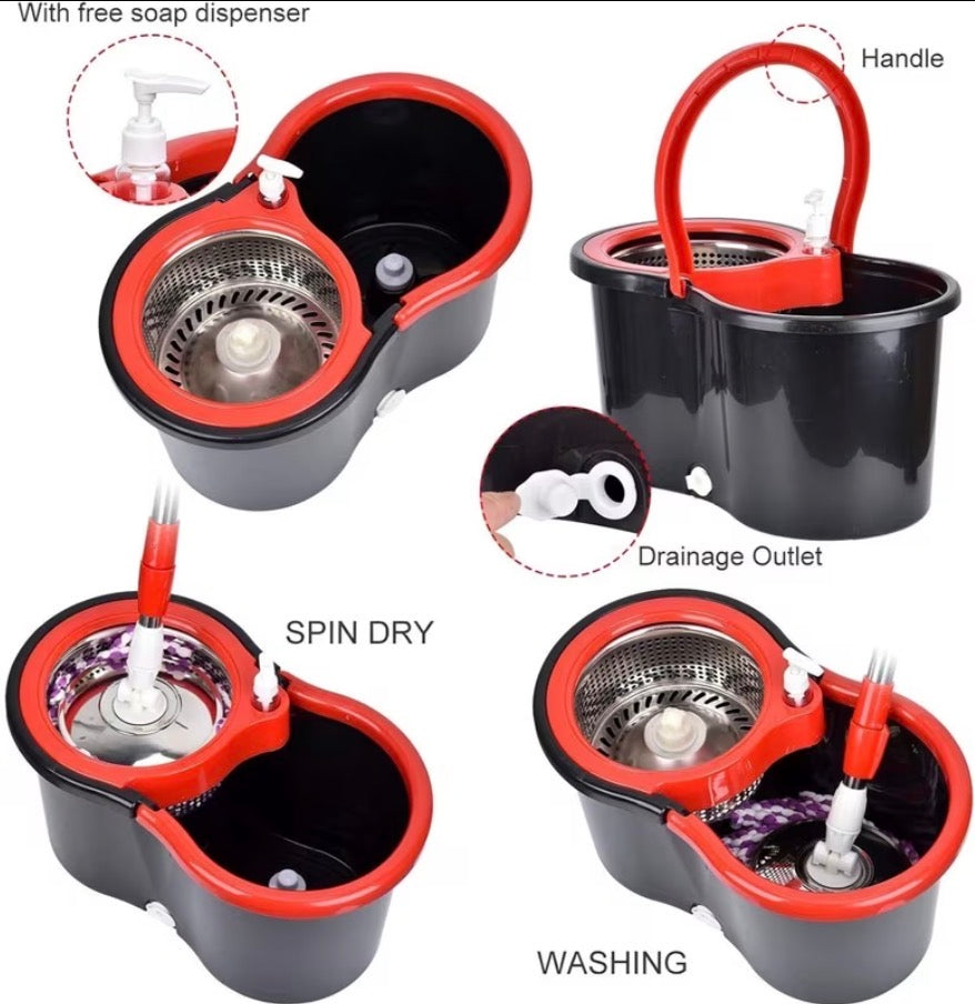 Mop and Bucket Set, 360° Spin Mop and Bucket with Wringer Set and Microfiber Mop Refills, Stainless Steel, Extended Handle Spinning Mop Bucket System for Floor Cleaning