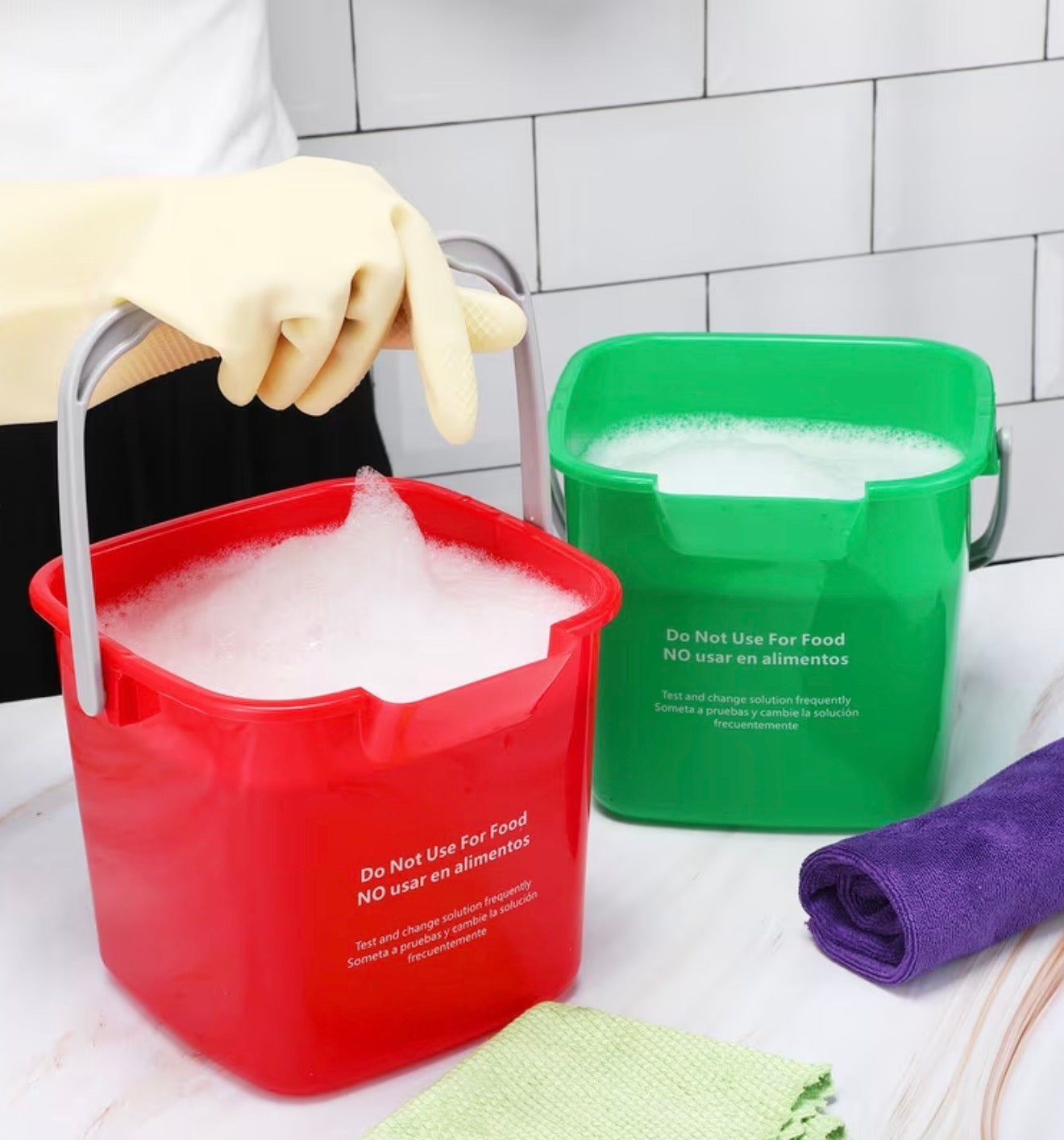 Cleaning Bucket 3 Quart Small Sanitizing Square Bucket Handle For Commercial, Janitorial Use (Red,Green,Pink)