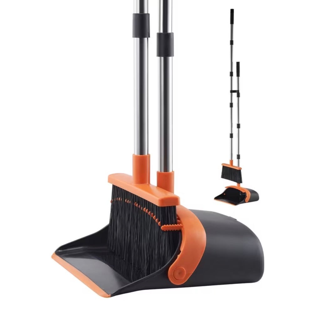 VEVOR Broom and Dustpan Set, Heavy Duty Dustpan and Broom Combo with Self-Cleaning Teeth, Metal Upright Standing Dust Pan with Long Handle, Ideal for Home, Restaurant, Office, Dorm, Black+Orange