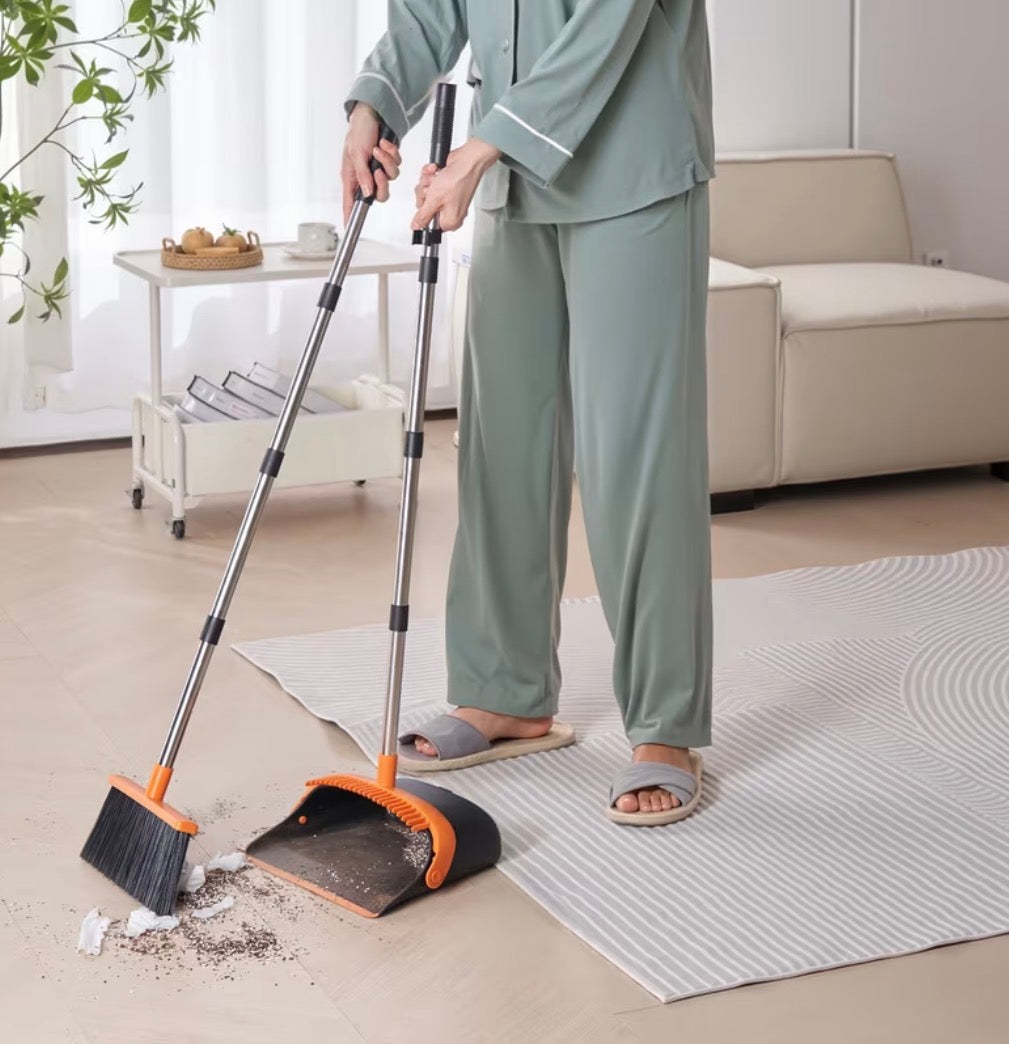 VEVOR Broom and Dustpan Set, Heavy Duty Dustpan and Broom Combo with Self-Cleaning Teeth, Metal Upright Standing Dust Pan with Long Handle, Ideal for Home, Restaurant, Office, Dorm, Black+Orange