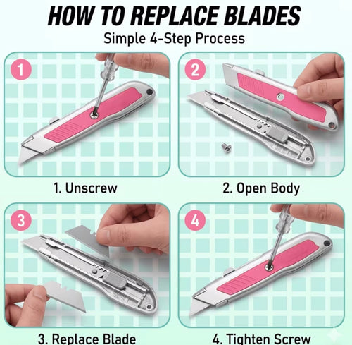 1 Utility Retractable Box Cutter with Aluminum Metal Body, 3-Position Adjustable Blade, Comfortable Anti-Slip Grip for Crafts, Packages, Paper, Boxes & Cartons(Pink)