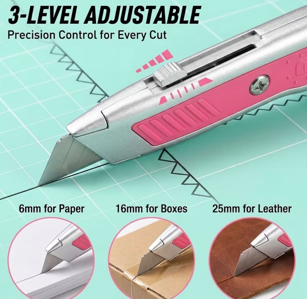 1 Utility Retractable Box Cutter with Aluminum Metal Body, 3-Position Adjustable Blade, Comfortable Anti-Slip Grip for Crafts, Packages, Paper, Boxes & Cartons(Pink)