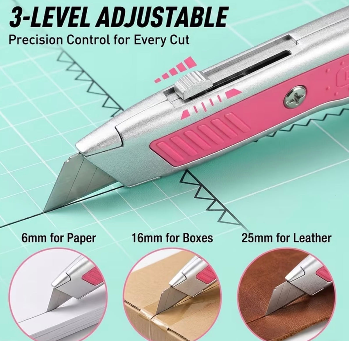 1 Utility Retractable Box Cutter with Aluminum Metal Body, 3-Position Adjustable Blade, Comfortable Anti-Slip Grip for Crafts, Packages, Paper, Boxes & Cartons(Pink)