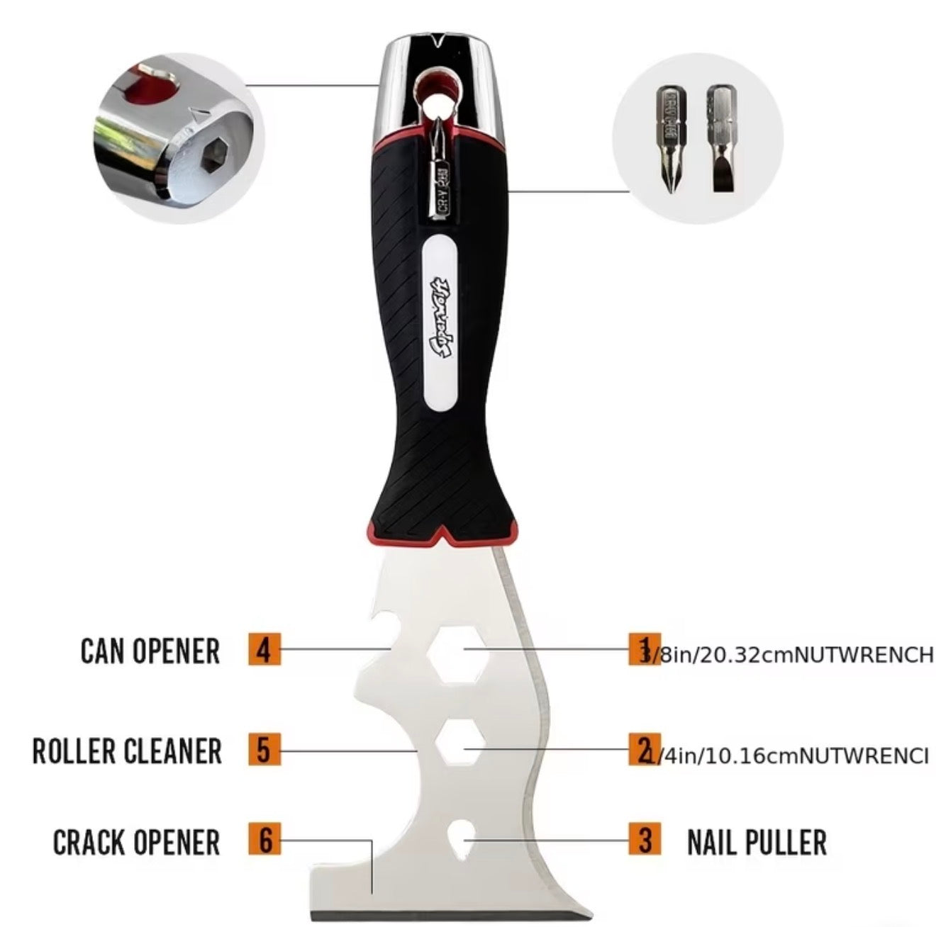 Superwolft Putty Knife, Paint Scraper 14 in 1 Spatula, Multifunctional, Stainless Steel Metal Scraper, Spackle Knife with Hammer End, Razor Blade Paint Scraper, Gum Scraper