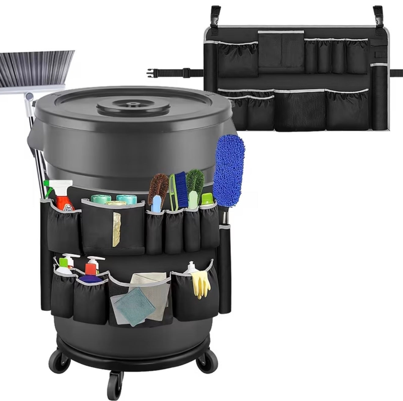 Cleaning Tool Organizer, Heavy Duty Caddy Hangs on Trash Can, Large Capacity Pouch for Cleaning Supplies