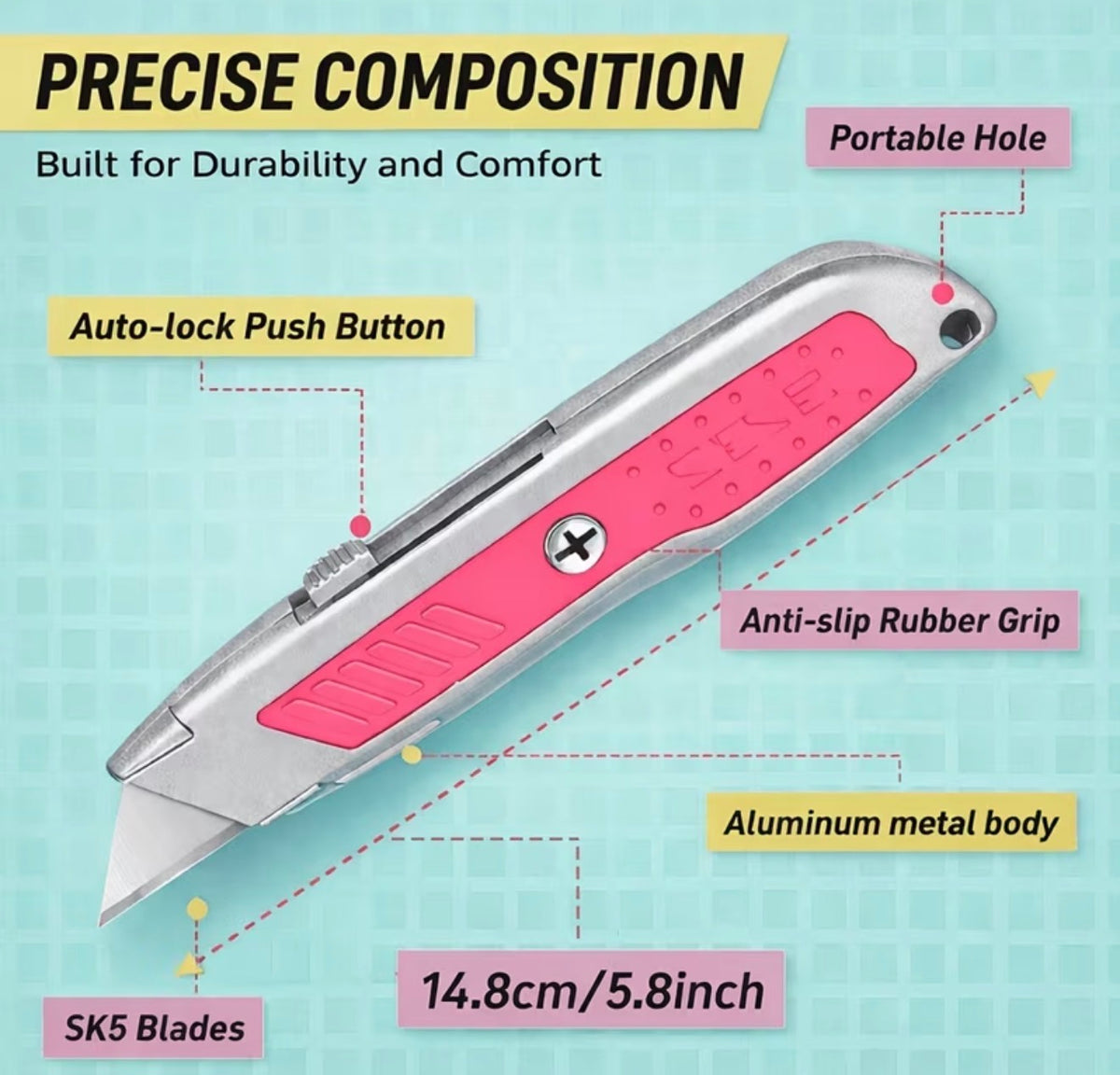 1 Utility Retractable Box Cutter with Aluminum Metal Body, 3-Position Adjustable Blade, Comfortable Anti-Slip Grip for Crafts, Packages, Paper, Boxes & Cartons(Pink)