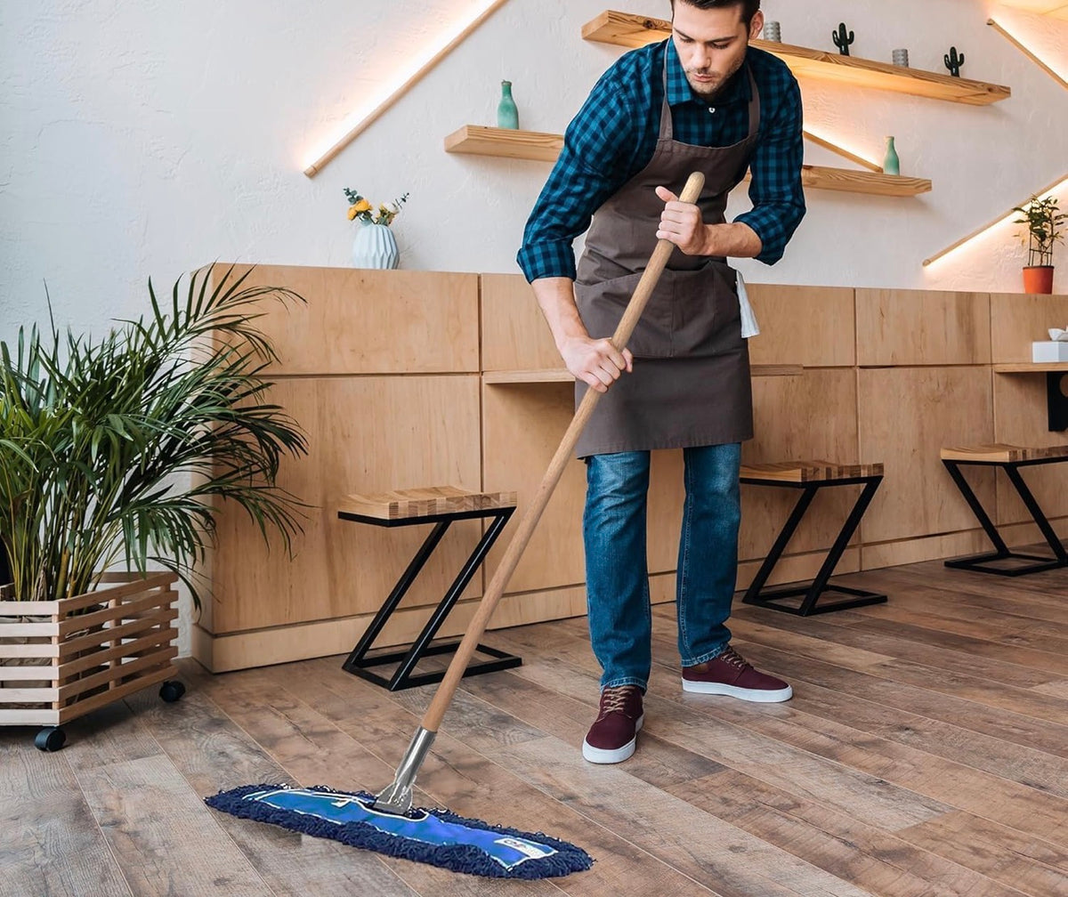 24" Premium Nylon Dust Mop with Wood Handle - Heavy Duty Mop Head for Industrial, Commercial, and Residential Cleaning - Dry Floor Duster for Hardwood Surfaces and Commercial - Blue
