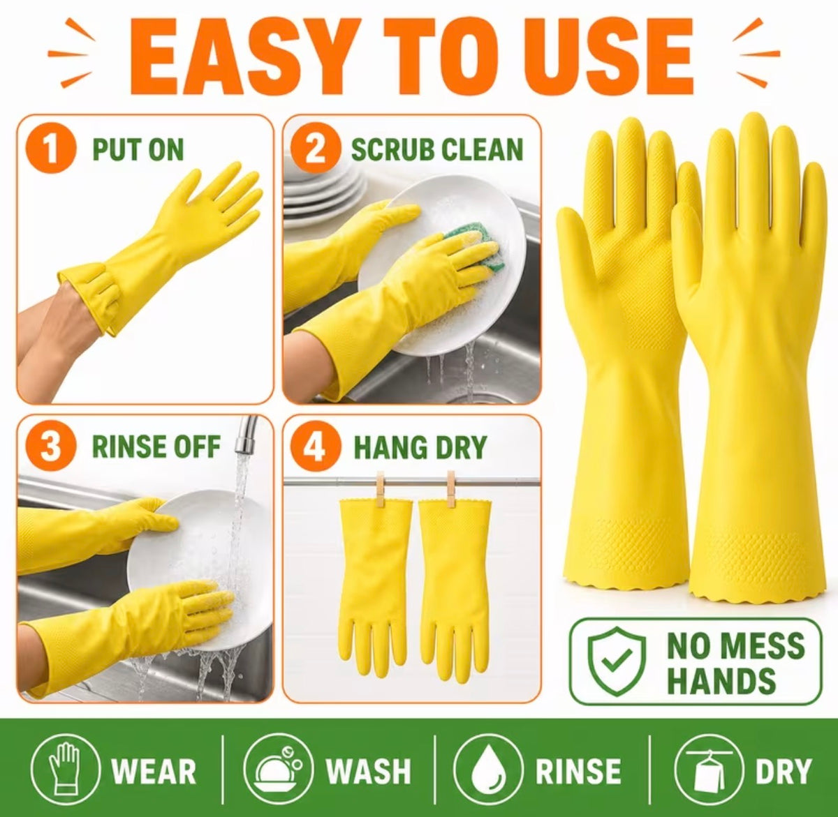 16pcs Heavy-Duty Dishwashing Gloves, Reusable Non-Slip Waterproof Cleaning Gloves for Kitchen, Bathroom, Dishwashing & Household Surface Cleaning, Flexible and Durable