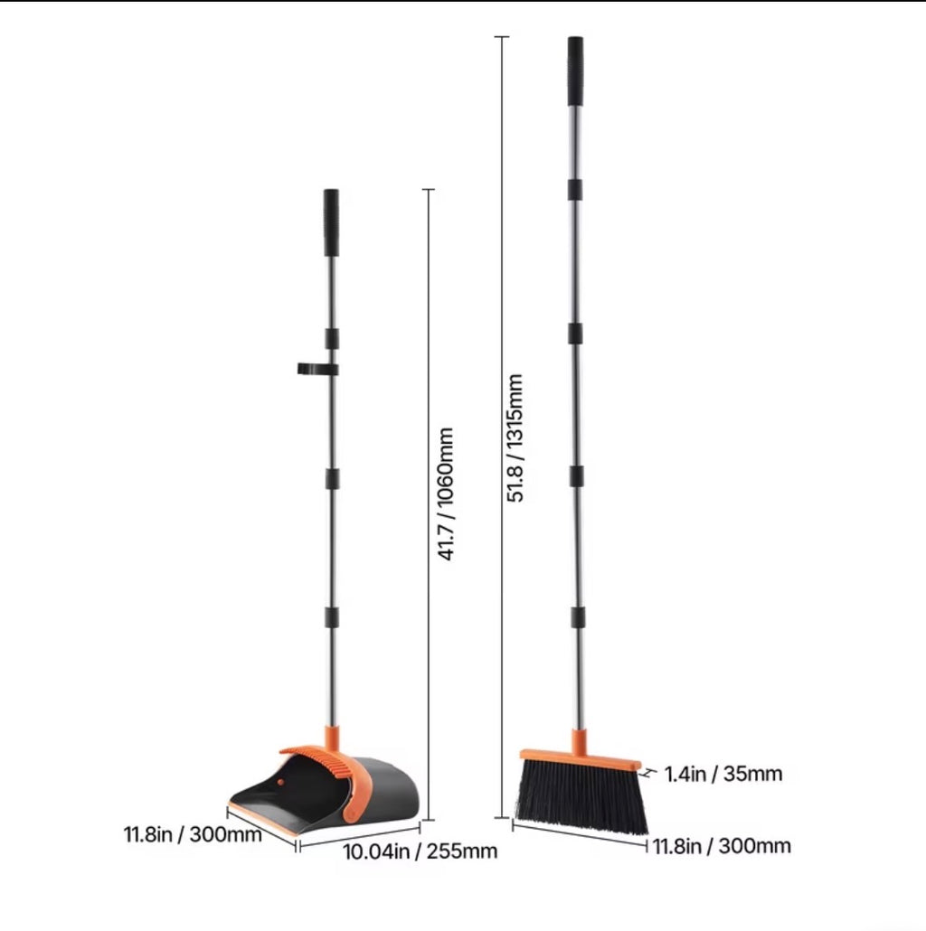 VEVOR Broom and Dustpan Set, Heavy Duty Dustpan and Broom Combo with Self-Cleaning Teeth, Metal Upright Standing Dust Pan with Long Handle, Ideal for Home, Restaurant, Office, Dorm, Black+Orange