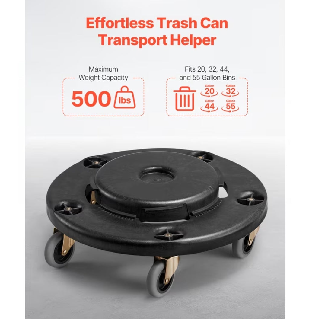 Round Trash Can Dolly Fit 20, 32, 44, 55 Gal Garbage Container