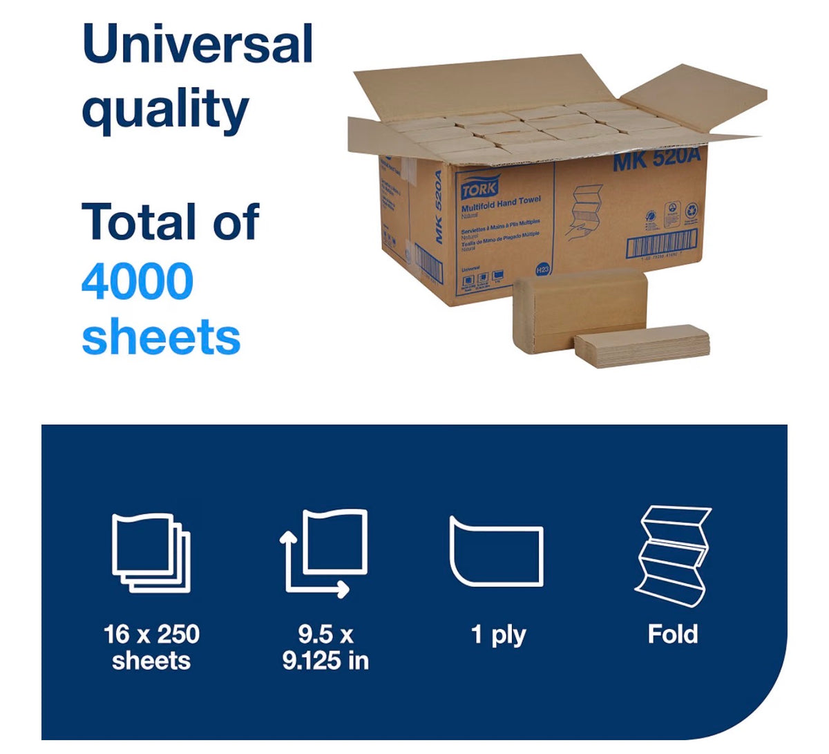Tork Multifold Hand Towel, Natural, 16 packs x 250 sheets